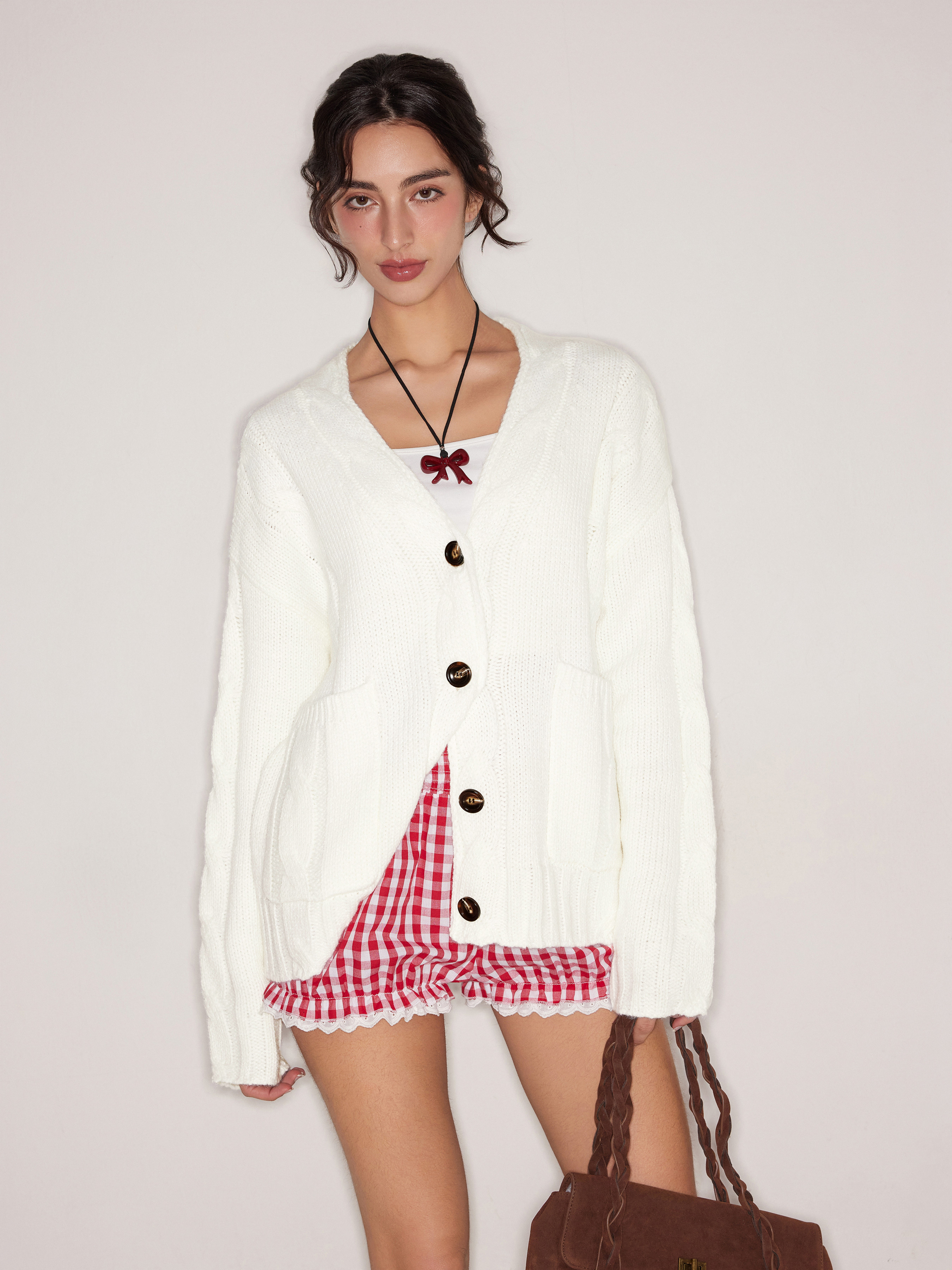 Christmas Knit Fabric Cable Knit V-neck Solid Pocket Cardigan For School Daily Casual Coffee Shop | Cider