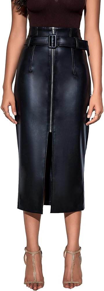 Women's Sexy Zip Up High Waist Split Thigh Long Pu Leather Midi Skirt with Belt | Amazon (US)