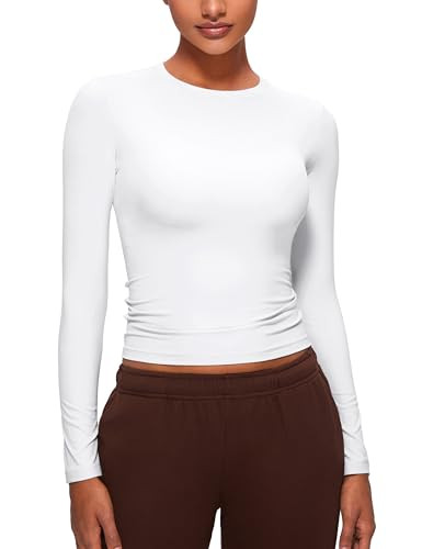 CRZ YOGA Softembrace Long Sleeve Shirts for Women Soft Crew Neck Fall Basic Tight Tops Fitted Casual Going Out T-Shirts White XX-Small | Amazon (CA)