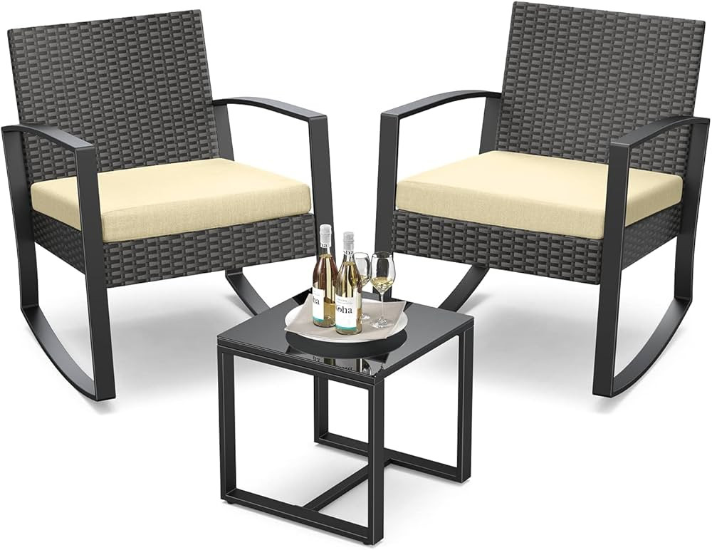 3 Pieces Patio Furniture Set Rocking Bistro Set Outdoor Rattan Conversation with Coffee Table for... | Amazon (US)