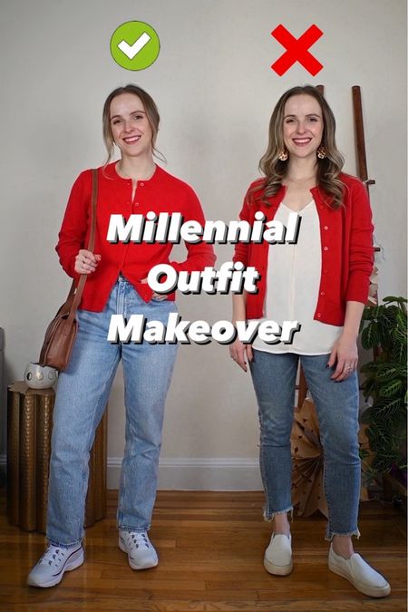Millennial outfit makeover featuring this cute red cardigan
Small cardigan (sized up one for relaxed fit)
25 extra short curve love jeans 


#LTKstyletip #LTKSeasonal