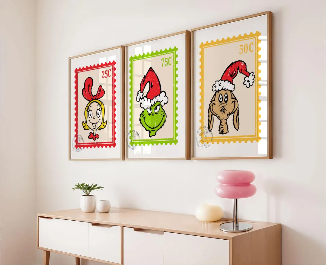 Grinch Stamp Wall Art Set of 3 Christmas Grinch Wall Print Set Grinchmas Wall Printable Shristmas... | Etsy (US)
