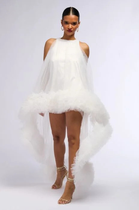 ARI TULLE RUFFLE HIGH LOW MINI DRESS IN BLUSH, WHITE | AKIRA
