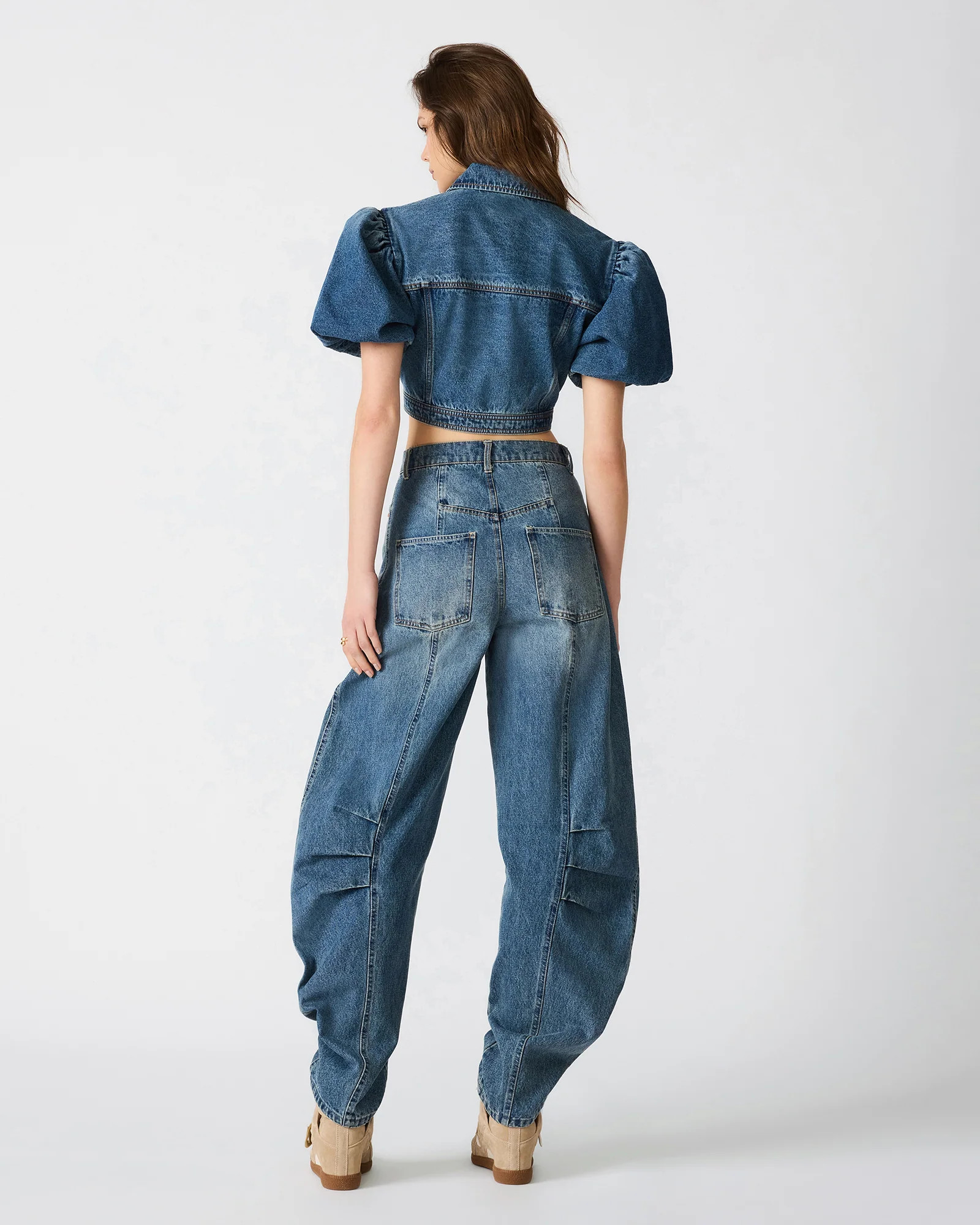 MARCY Blue Heather Puff Sleeve Cropped Button-Up Women's Denim Jacket | Steve Madden (US)