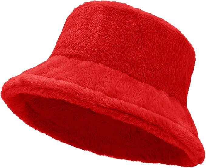 Women Plush Fluffy Bucket Hat Warm Lining Winter Faux Fur Cozy Wide Brim Winter | Amazon (US)