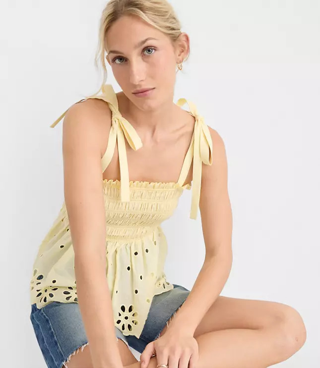 Petite Floral Eyelet Tie Strap Smocked Peplum Cami | LOFT