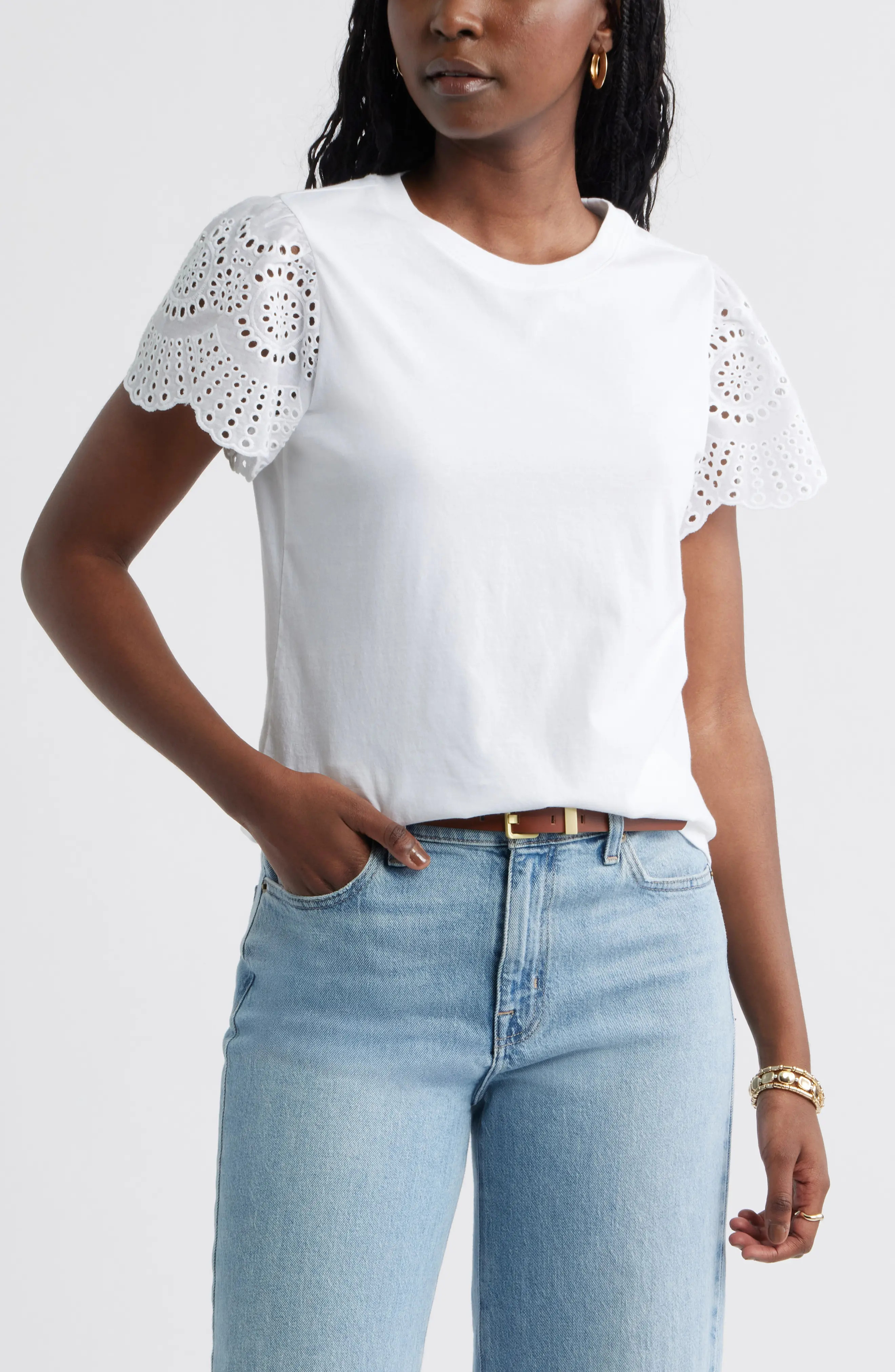 Caslon\u00ae Eyelet Sleeve Mixed Media T-Shirt (Women) | Nordstrom | Nordstrom
