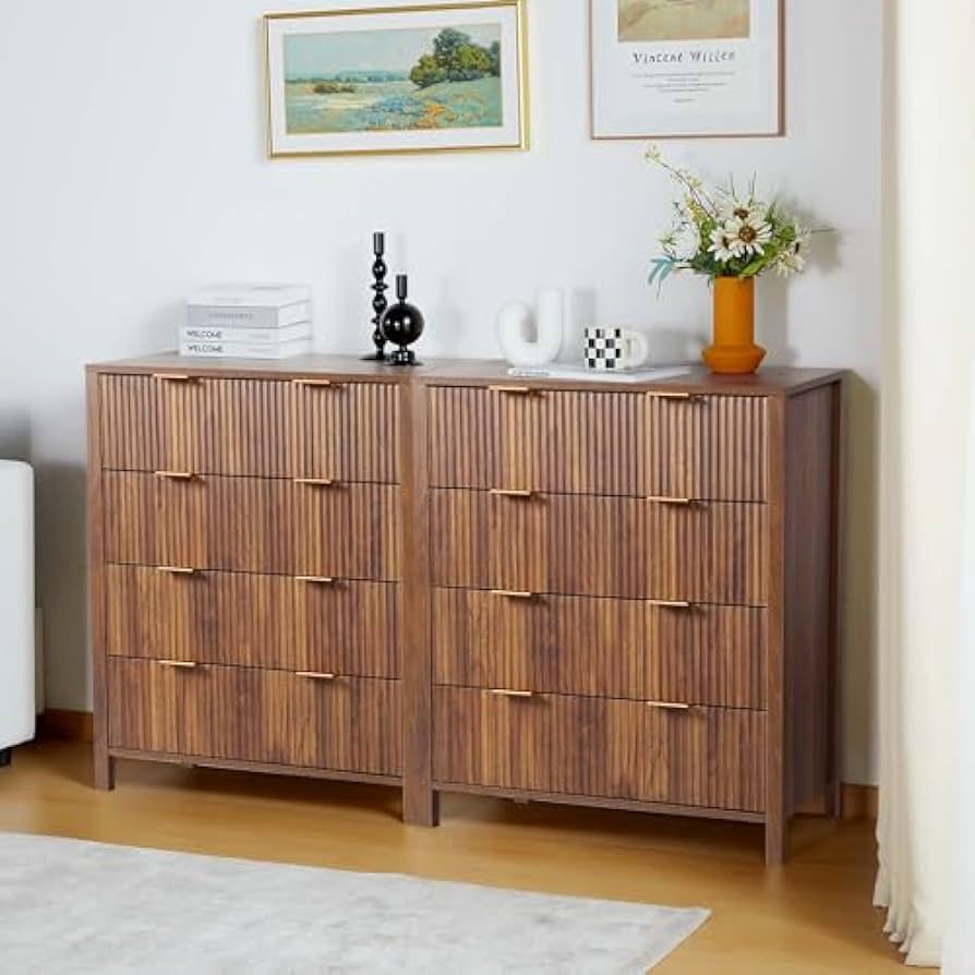 wirrytor 4 Drawer Double Dresser for Bedroom, Modern Wide Chest of Drawers with Waveform Fluted Panel Design,Wood Storage Dresser Chest of Drawers for Bedroom Living Room Hallway Closet,Walnut 2 Sets | Amazon (US)