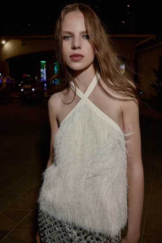 METALLIC THREAD FEATHER HALTER TOP | Zara US