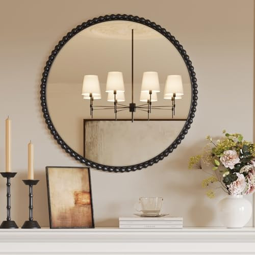 CozyDH Black Round Bathroom Wall Mirror - 31.5" Vintage Large Mirrors for Wall Decor with Metal Beaded Frame Antique Decorative Circle Art Mirror for Vanity, Bedroom, Entryway, Fireplace, Living Room | Amazon (US)