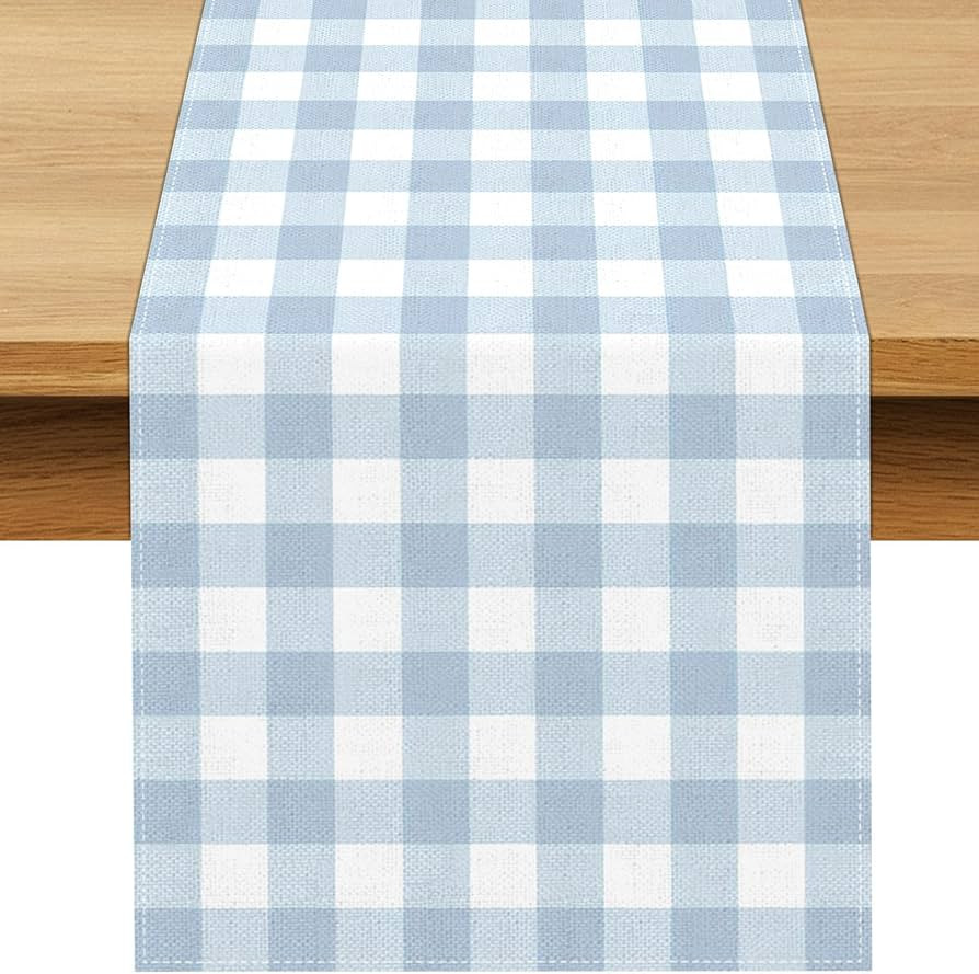 Dusty Blue Gingham Table Runner Light Blue Checkered Boy Girl Baby Shower Birthday Party Decorati... | Amazon (US)