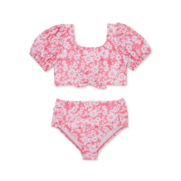 Wonder Nation Girl's Puff Sleeve Hibiscus Bikini with Front Tie, 2-Piece, Sizes 4-18 | Walmart (US)