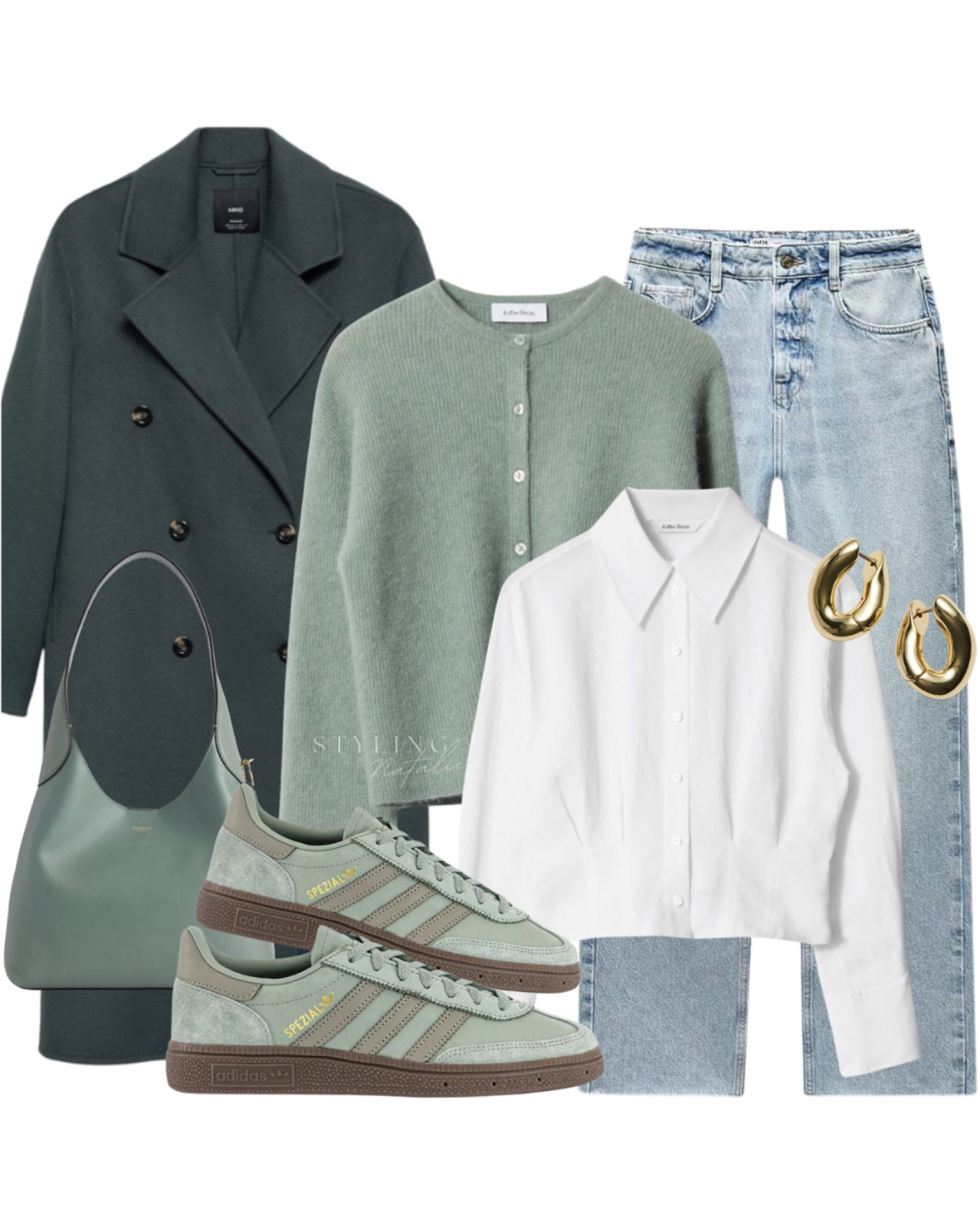 Everyday winter outfit,
Green alpaca wool cardigan, jeans, tapered shirt, wool coat, Adidas Spezial trainers, gold earrings and tote bag. 

#LTKstyletip #LTKuk #LTKwinter
