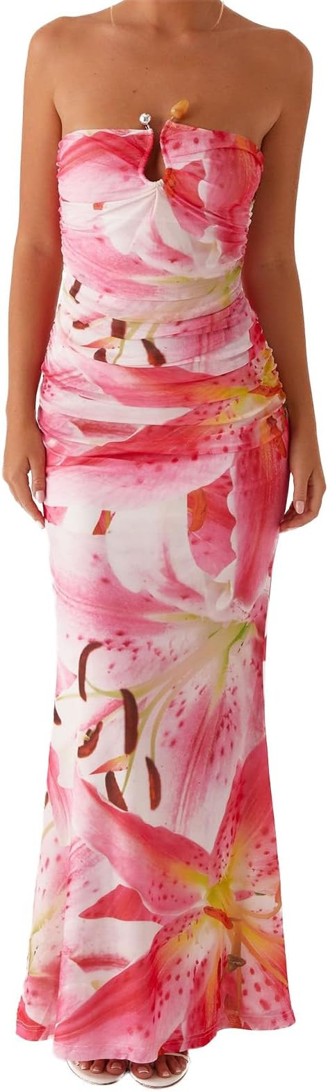 Women Y2k Strapless Bandeau Tube Dress Sexy Off Shoulder Ruched Backless Slim Fit Club Party Maxi... | Amazon (US)