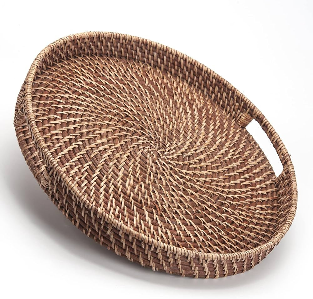 Round Rattan Woven Serving Tray with Handles Ottoman Tray for Breakfast, Drinks, Snack for Coffee... | Amazon (US)