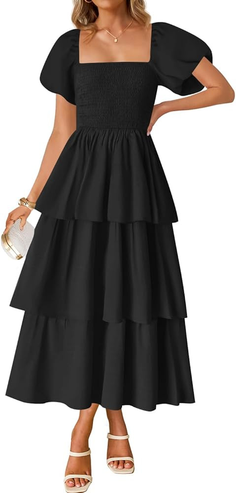 ZESICA Women's 2025 Summer Boho Midi Dress Short Puff Sleeve Flowy A Line Tiered Beach Vacation L... | Amazon (US)