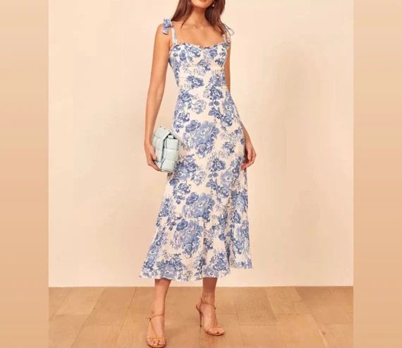 Summer Dresses Women Blue White Floral Print Dress Spaghetti Strap Elegant Ruffle Midi Dress | Etsy (US)