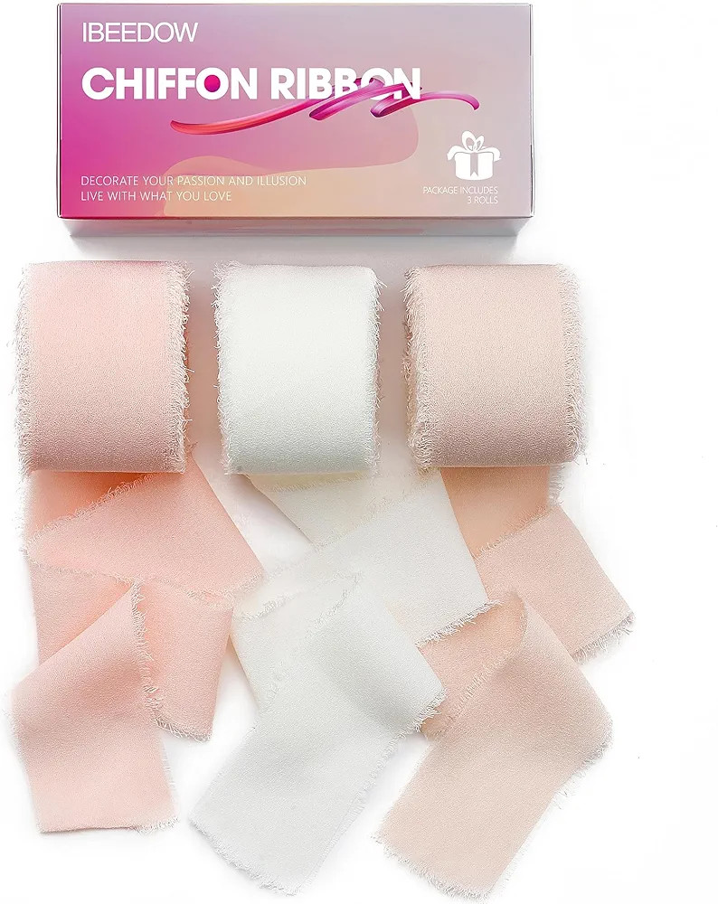 IBEEDOW 1.5" x 36Yd Chiffon Ribbon 3 Rolls Nude & White Handmade Fringe Chiffon Silk Ribbon Set f... | Amazon (US)