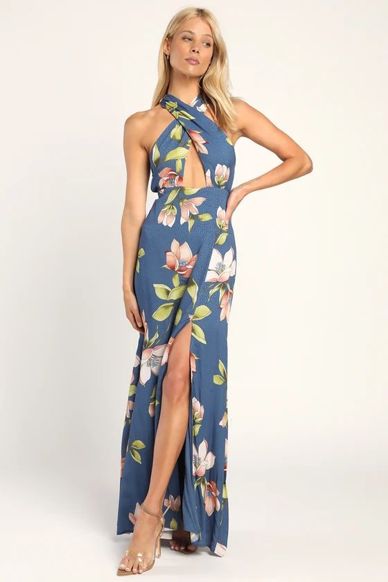 Bloom Together Blue Floral Print Cutout Halter Maxi Dress | Lulus