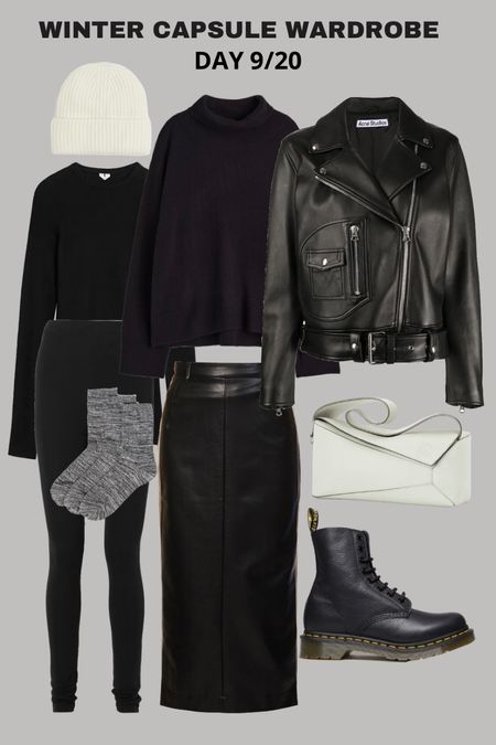 Winter capsule wardrobe day 9/10 casual outfits styling leather on leather with a biker jacket and black maxi skirt #leather #maxiskirt #allblackoutfit 

#LTKshoecrush #LTKeurope #LTKSeasonal