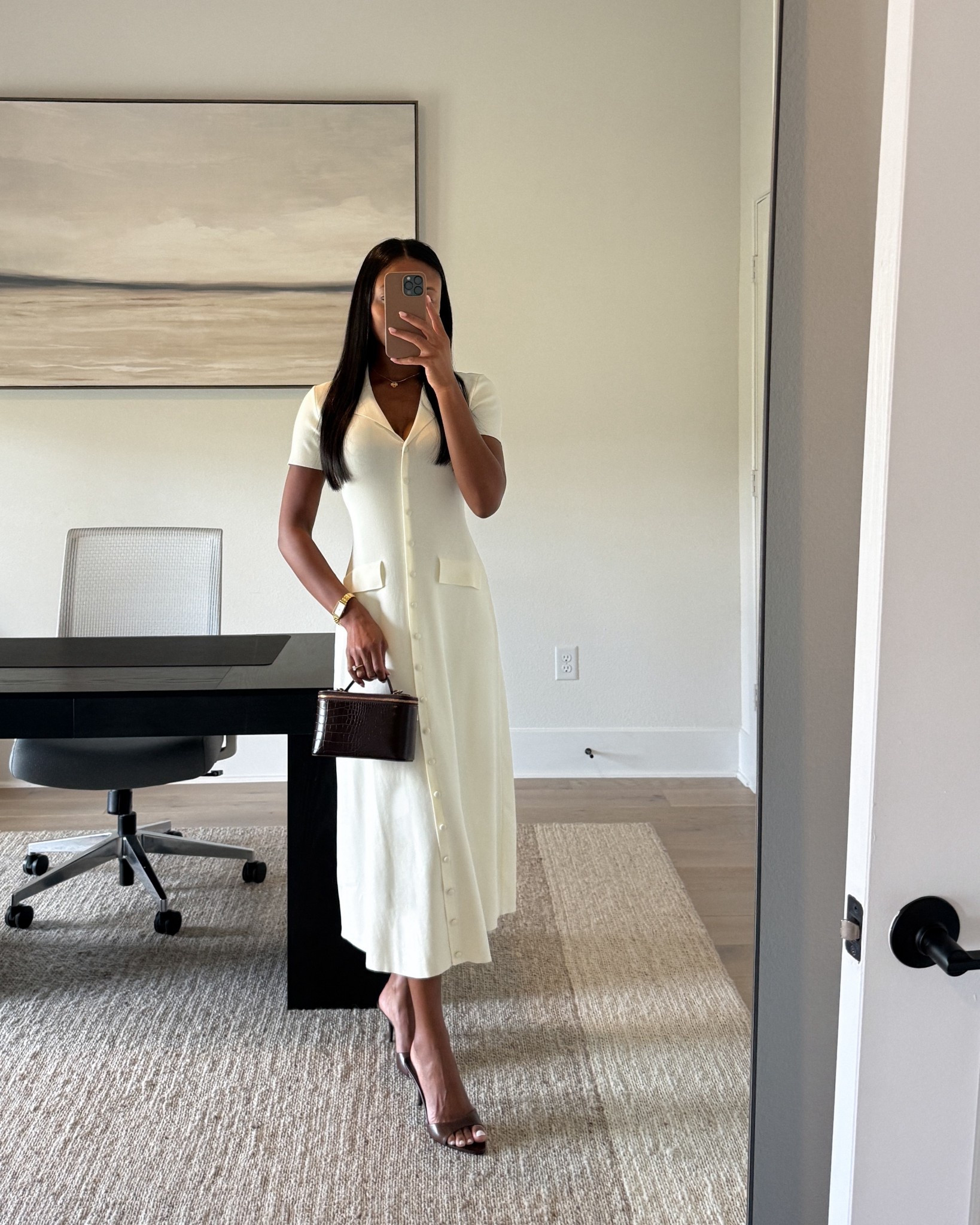 Timeless dress of the day | Wearing a size small! | knit midi dress, ivory dress, short sleeve dress, elevate style, spring outfits, summer style, date night outfit, brown heels, top handle bag, pointed toe heels, brown mules 

#LTKootd #LTKgrwm