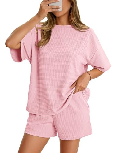 Amazon.com: Aoysky Short Sets for Women Waffle Knit 2 Piece Lounge Set Loose Fit Short Sleeve Top... | Amazon (US)