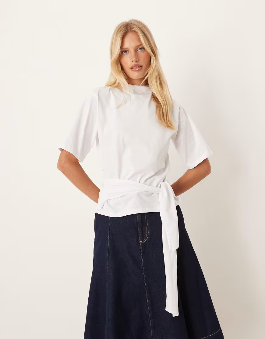ASOS DESIGN grown on neck tee with sash tie detail in white | ASOS (Global)