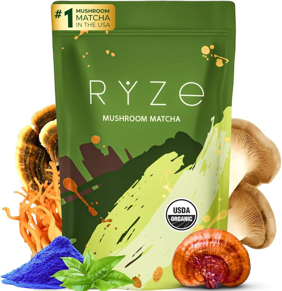 RYZE Mushroom Matcha, USDA Organic with 6 Adaptogenic Mushrooms and Ceremonial-Grade Japanese Mat... | Amazon (US)