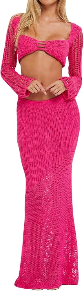 Women's Crochet Knit 2 Piece Skirt Sets Hollow Out Knitted Crop Top Side Slit Bodycon Long Skirt ... | Amazon (US)