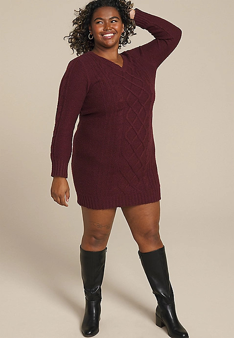 Plus Size Cable Knit V Neck Sweater Dress | Maurices