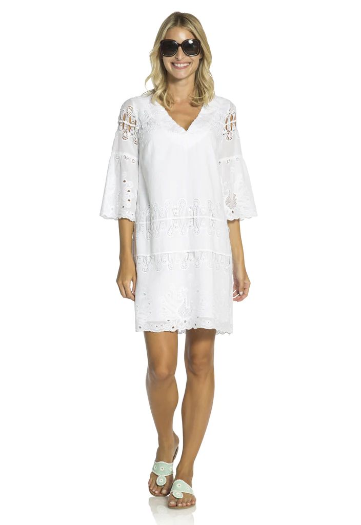 Embroidered Cotton Bell Sleeve Shift White | Sail to Sable