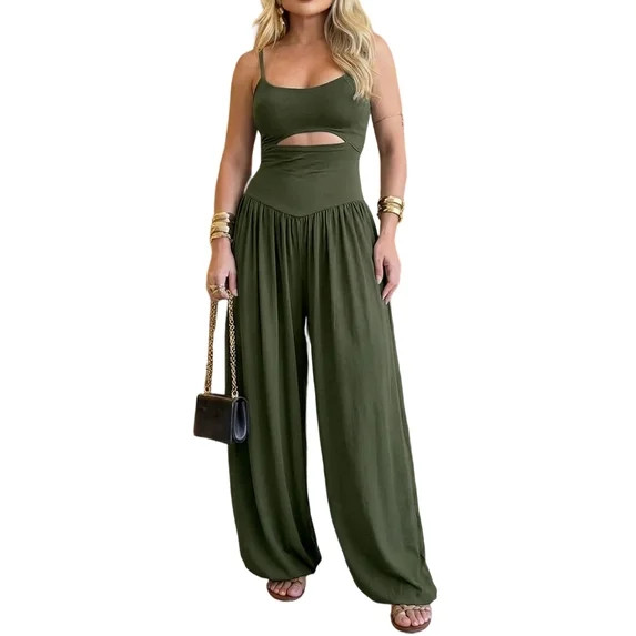ChicMe Jumpsuits For Women Spaghetti Strap Sleeveless Cut-Out Waist Backless Tie-Back Ruched Wome... | Walmart (US)
