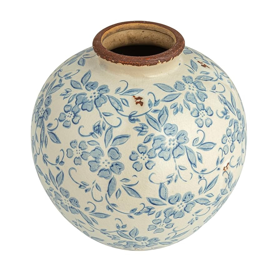 Creative Co-Op DF2720 8" H Terracotta Floral Transferware Pattern & Crackle Finish Vase, Blue | Amazon (US)