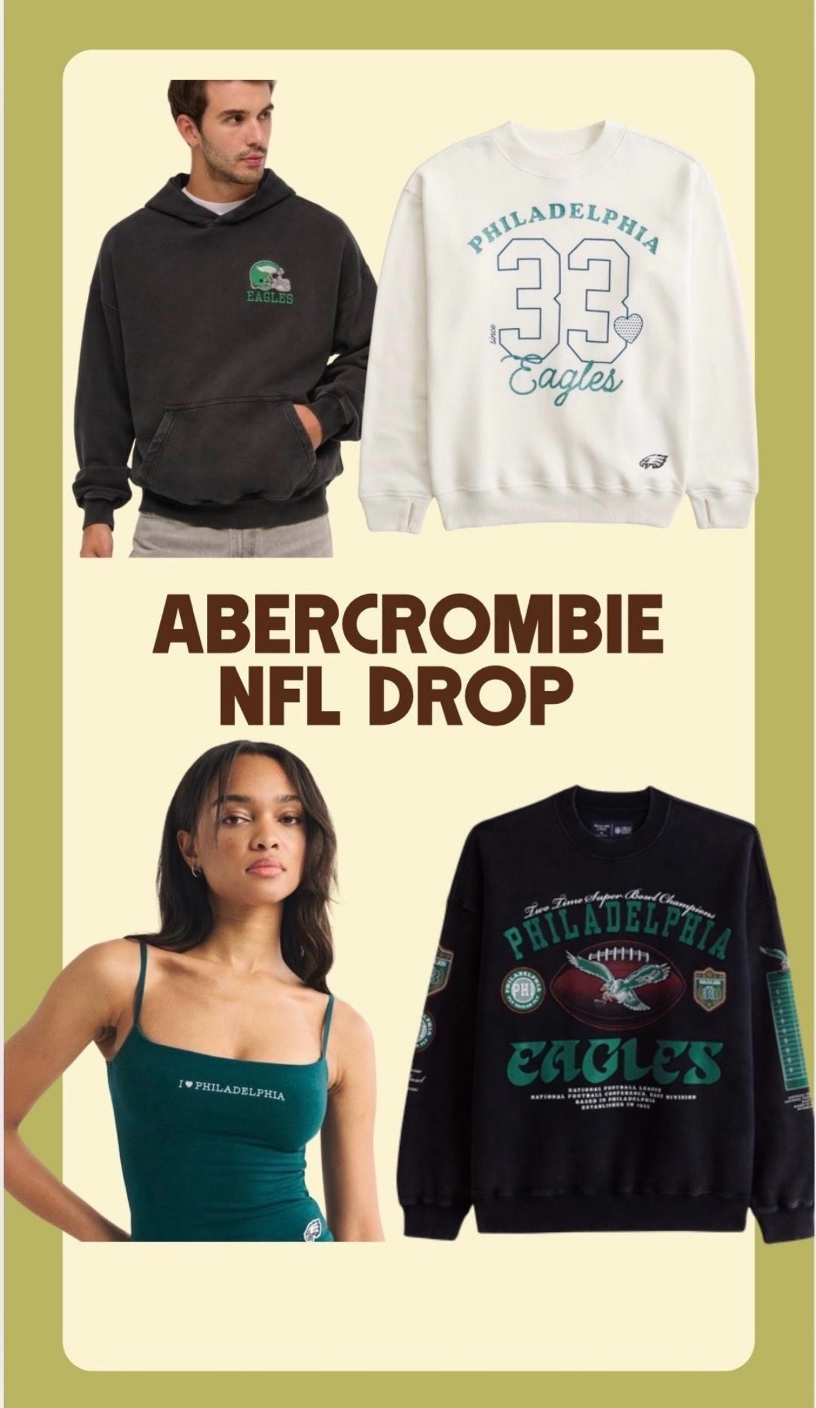 Game day just got a whole lot cuter. 🦅💚 Abercrombie absolutely understood the assignment with this NFL drop. From vintage-inspired Eagles sweatshirts to the cutest fitted game day pieces, these are the styles you’ll be reaching for all football season long. Grab your favorites before sizes start disappearing!