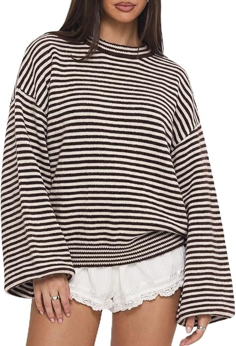 QINSEN Women's Crewneck Oversized Sweater Striped Long Sleeve Pullover Top | Amazon (US)