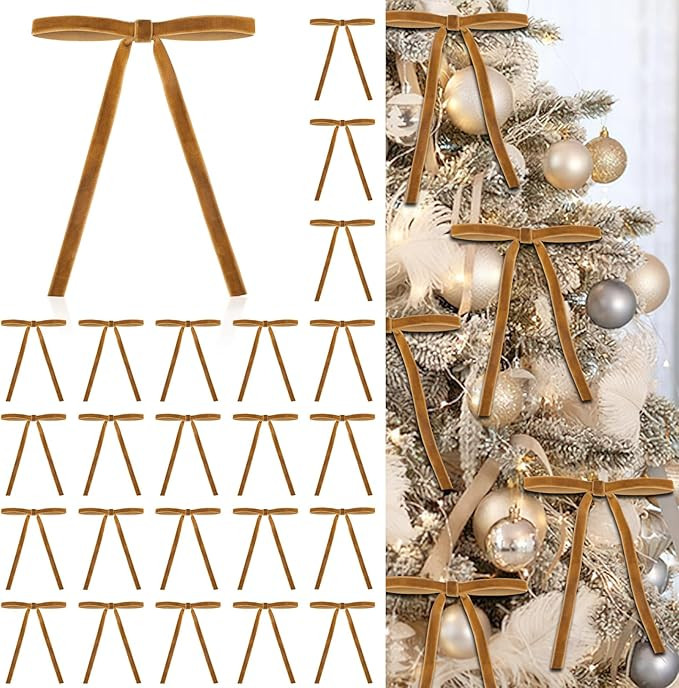 24 Pcs Velvet Bows for Christmas Tree, Elegant Khaki Christmas Tree Bows, 5”x7” Pre-Tied Velv... | Amazon (US)