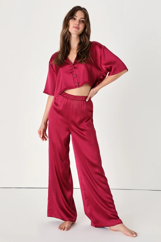 Bedtime Beauty Burgundy Satin Two-Piece Pajama Set | Lulus (US)
