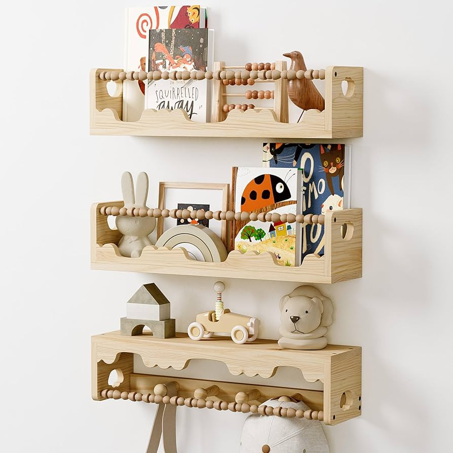 Nursery Shelves for Wall,3 Pack Pine Wood Nursery Floating Book Shelves,Scalloped Floating Shelve... | Amazon (US)