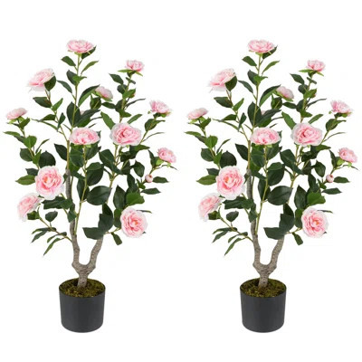 2 Pcs 36" Artificial Camellia Tree Fake Potted Tree Greenery Floral Plant Modern | Wayfair North America