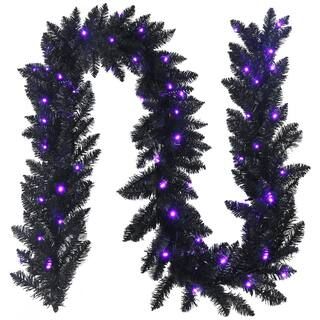 9 ft. Pre-Lit Christmas Halloween Wreath Garland Black with 50 Purple LED Lights | The Home Depot