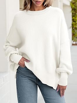 ANRABESS Women Crewneck Batwing Long Sleeve 2024 Fall Oversized Side Slit Ribbed Knit Pullover Sw... | Amazon (US)