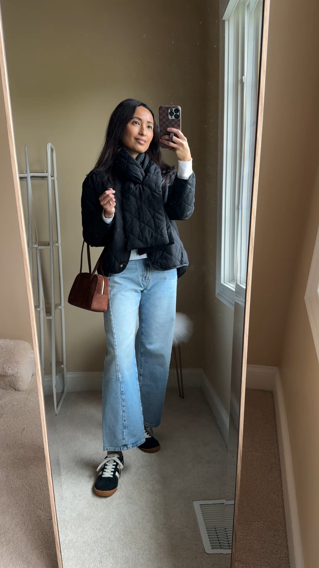 Fall jacket. Available in 2 colors. $45  
-Modern and chic take on a traditional quilted liner jacket. 
-Scarf piece is removable. 
-Quilted material seems good quality for the price and says to be water resistant. 
-True to size. I have longer arms and wish the sleeves were a tad bit longer. 
-Barrel jeans; I sized up. 
-Suede sneakers; I go between a 6 and 6.5 and took the 6 in both pairs. 
-Suede handbag. 
-Good basic long sleeve t-shirt; true to size. 
-Heart pendant in matte black. 


#LTKFindsUnder50 #LTKStyleTip #LTKOver40