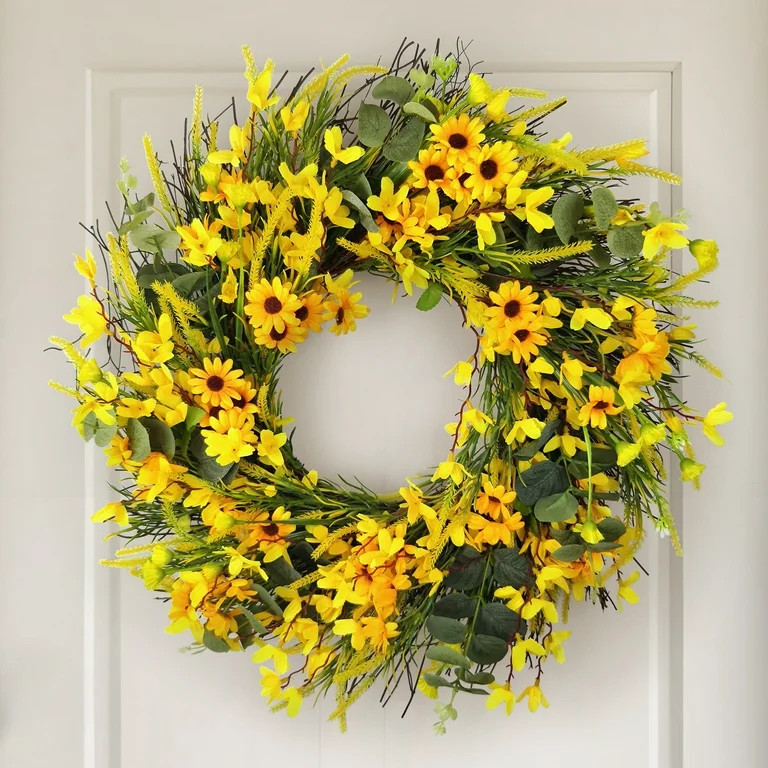 18Inch Spring Wreath Forsythia Wreath with Yellow Daisy Summer Wreaths for Front Door Wreath for ... | Walmart (US)
