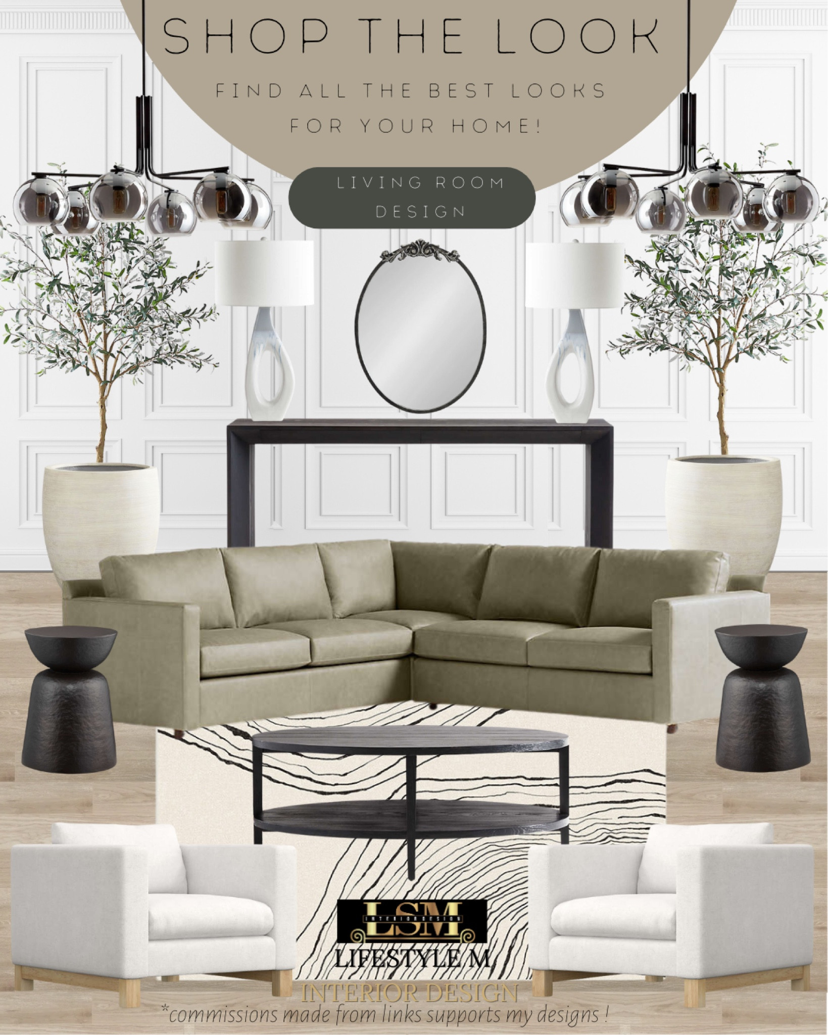 Transitional Living Room Idea. Green grey sectional sofa, black round end table, black round coffee table, wood upholstered arm chair, striped rug, black console table, terracotta tree planter pot, realistic fake tree, black oval mirror, living room round glass chandelier light, modern white table lamp.

#LTKstyletip #LTKFind #LTKhome