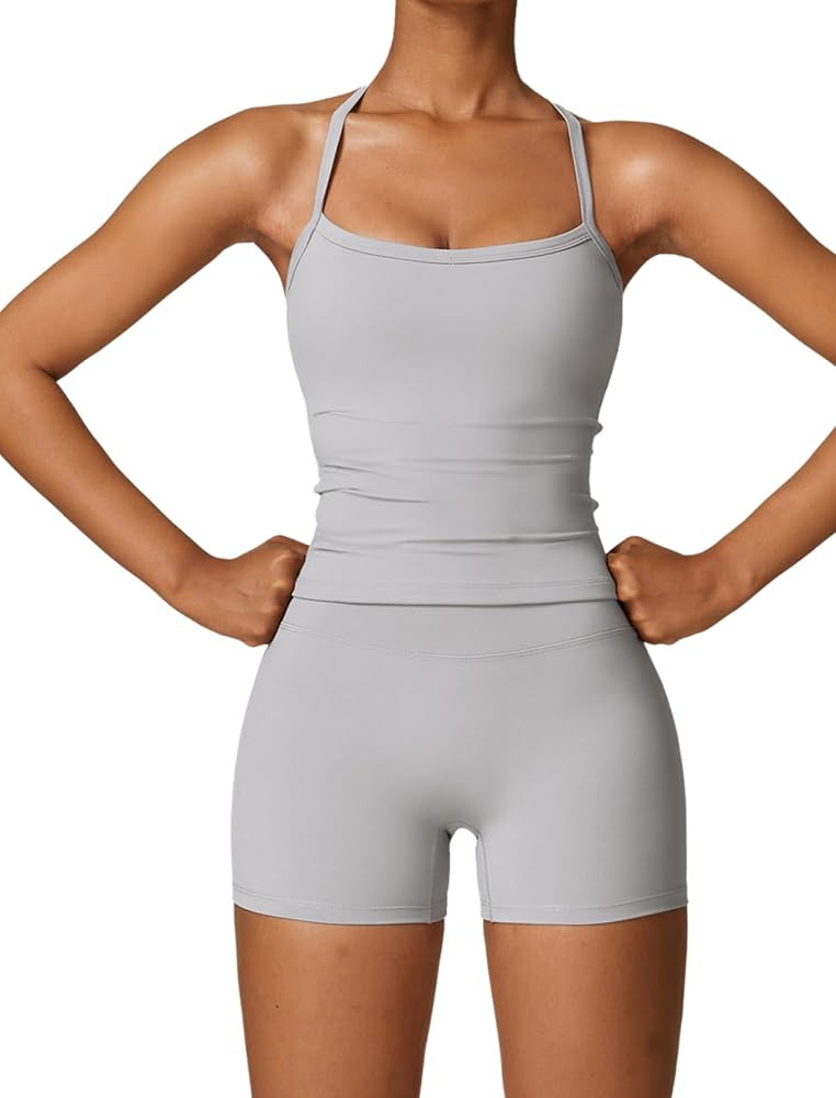 QBGJTD Two Piece Workout Sets For Women Tank Top Matching High Waist Booty Lifting Shorts Gym Yog... | Amazon (US)