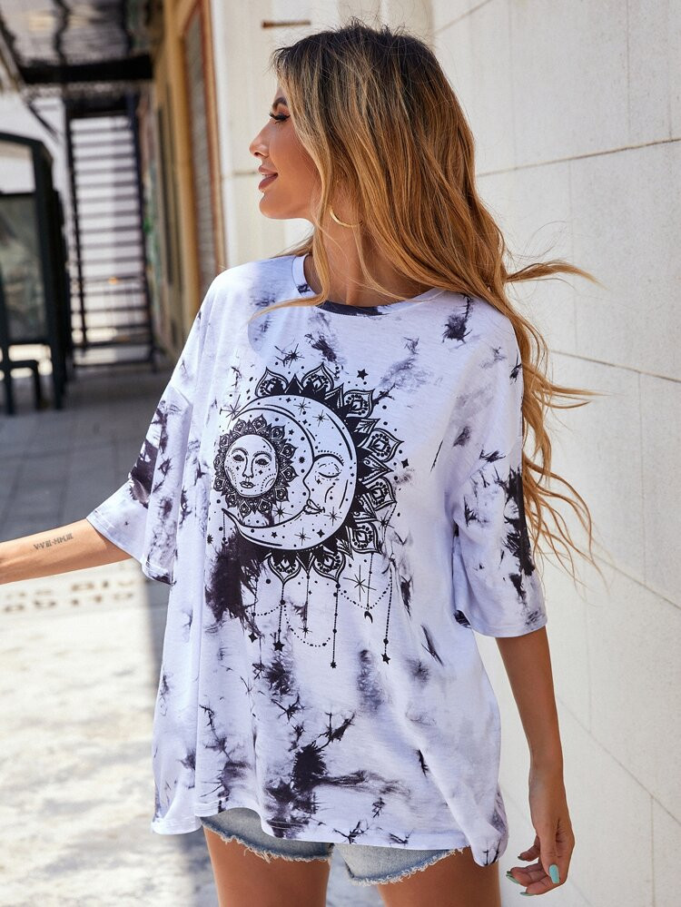 Star & Sun Print Oversized Tee | SHEIN