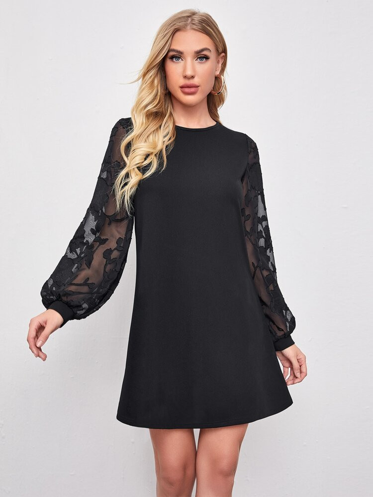 SHEIN Floral Applique Sheer Lantern Sleeve Dress | SHEIN