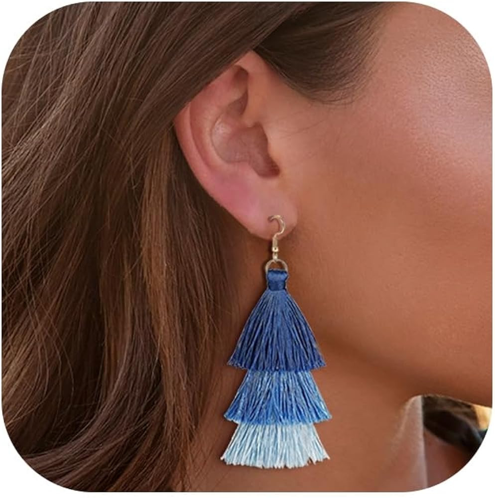 FINREZIO Dangle Tassel Blue Earring for Women Girls Boho Earring Long Thread Tassel Earrings Bohe... | Amazon (US)