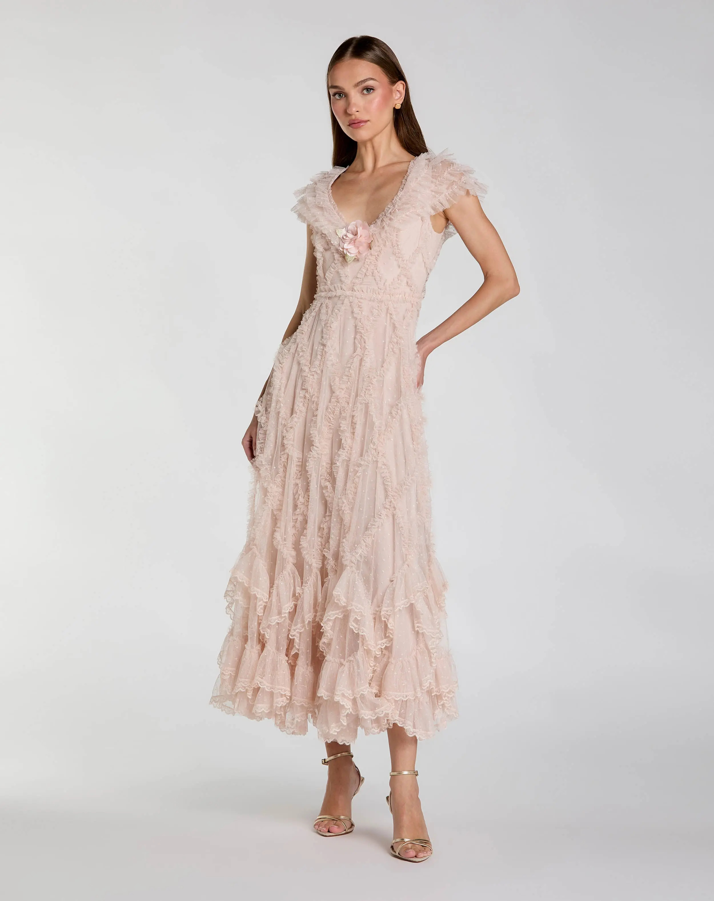 Petite Pink Micro Ruffle Cap Sleeve A-Line Midi Dress | Mac Duggal | Mac Duggal