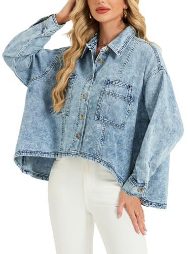 LifeShe Oversized Jean Shirt Women Batwing Sleeve Denim Jacket Cropped Shacket Lightweight Cardig... | Amazon (US)